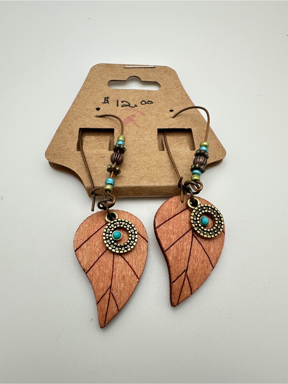 Boho Wooden Leaf Earrings with Turquoise Accent
